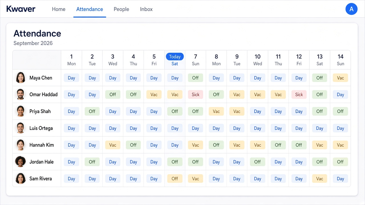 Visual attendance grid showing who’s scheduled across the team this week